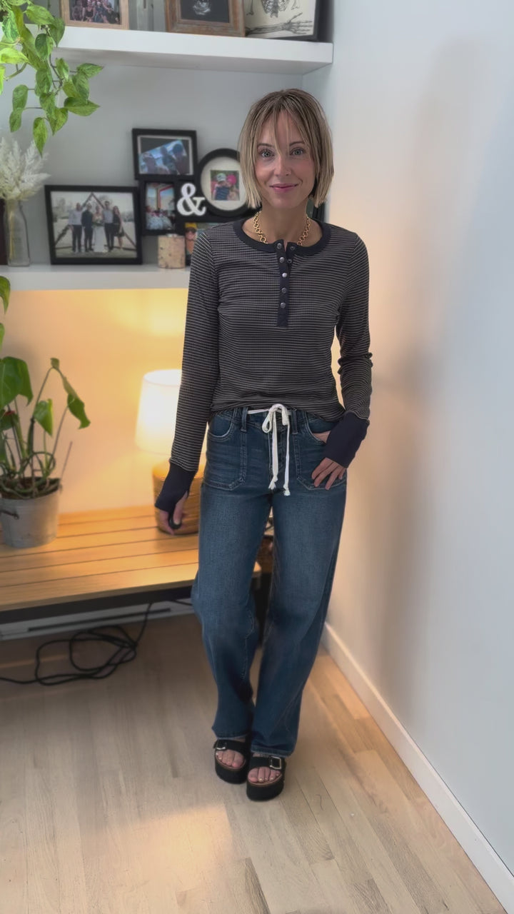 Drea Ribbed Snap Button Henley- CHARCOAL