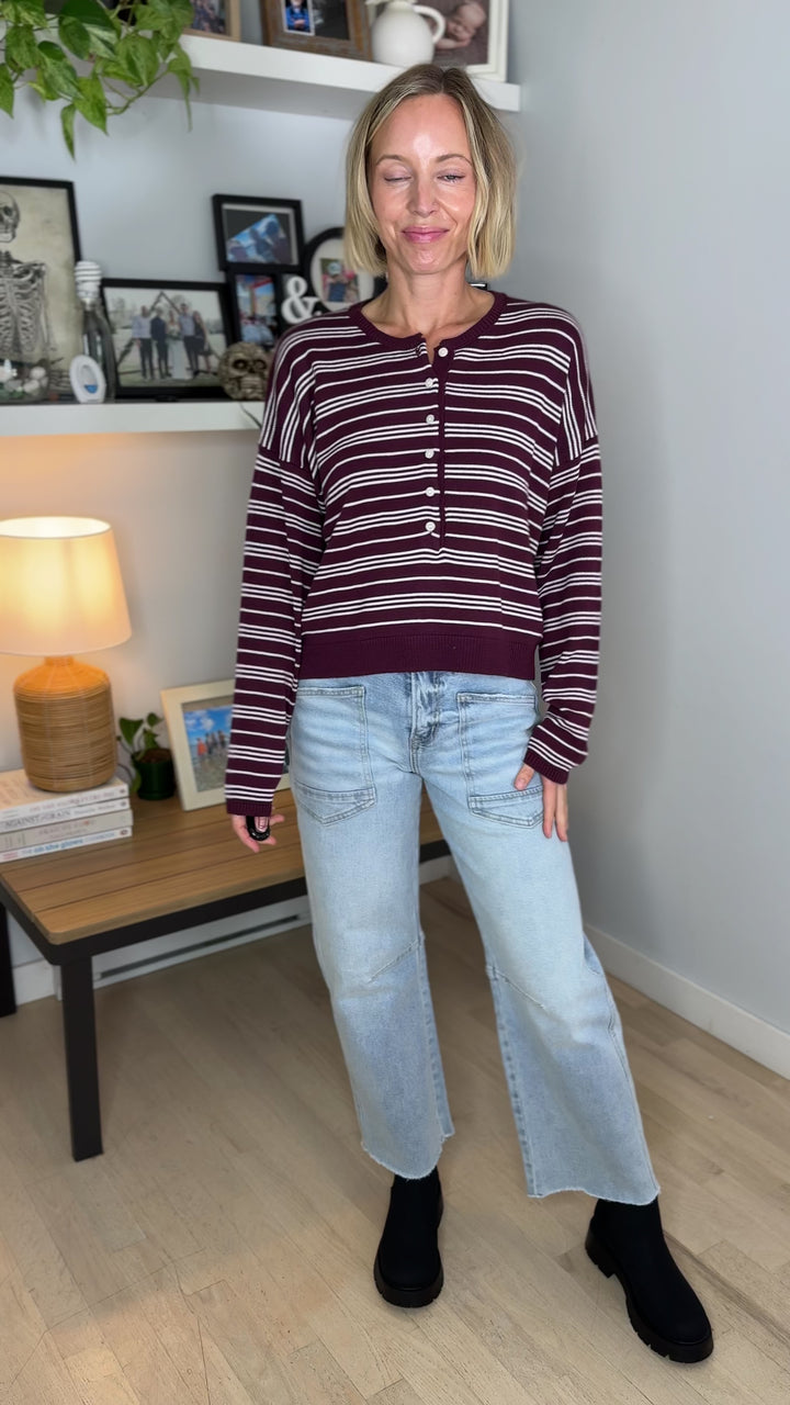 Merrit Stripe Henley Sweater- DARK CHERRY