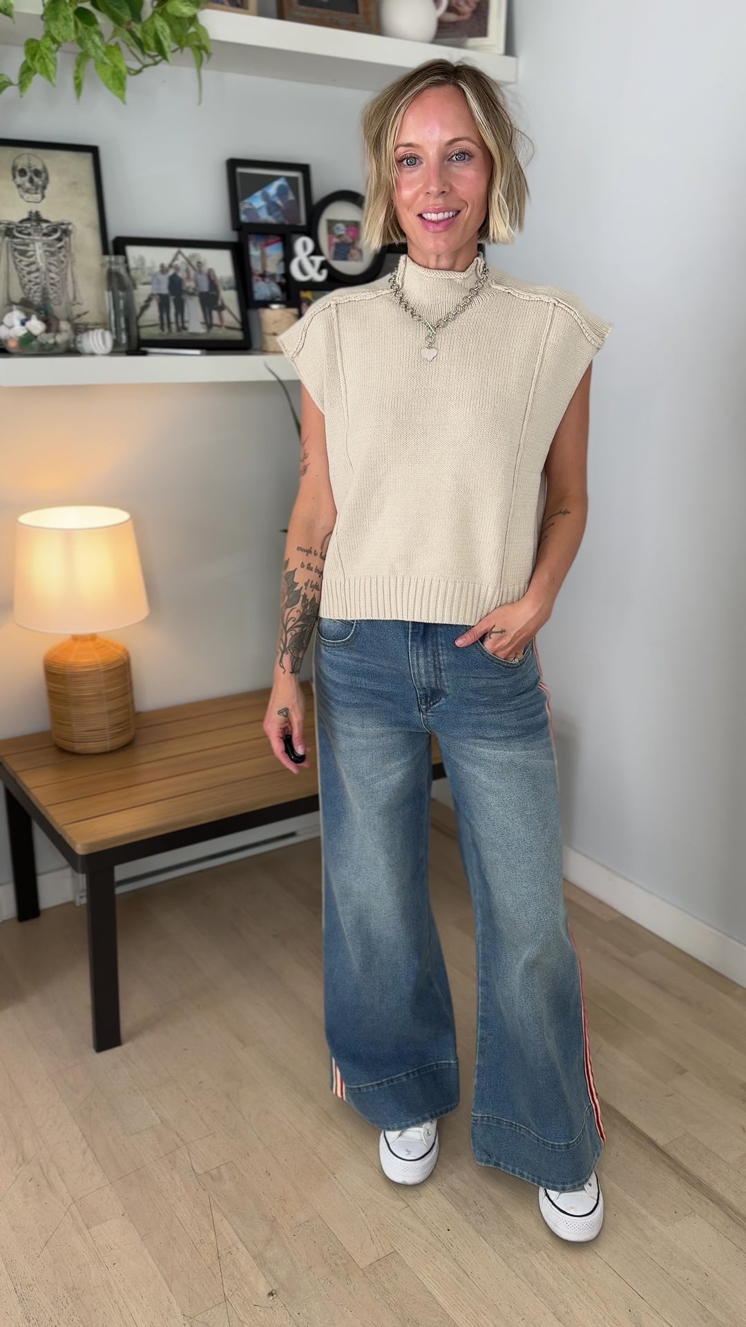 Maben Exposed Seam Mock Neck Sweater Top- OATMEAL