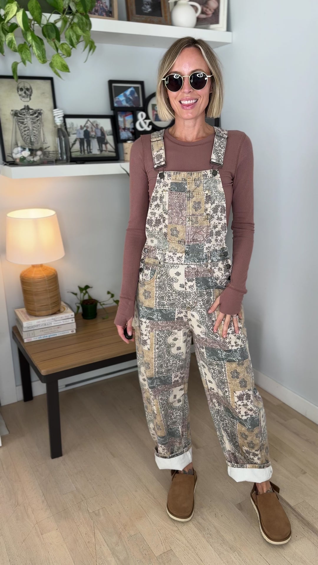 Fleur Vintage Floral Barrel Overalls- TAUPE MULTI