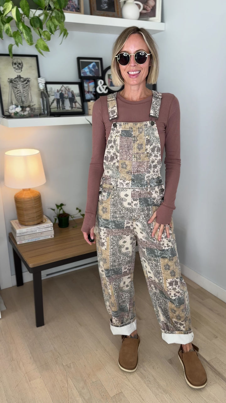 Fleur Vintage Floral Barrel Overalls- TAUPE MULTI