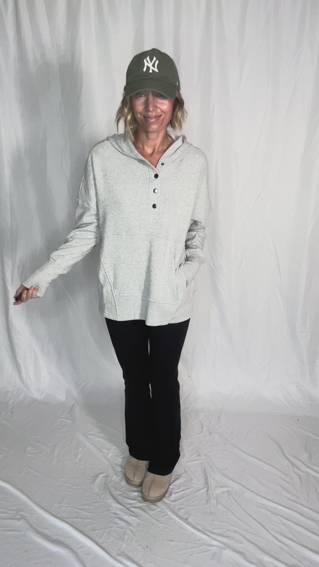 Farrah Fleece Half Button Hooded Sweatshirt- HEATHER GREY-FINAL SALE