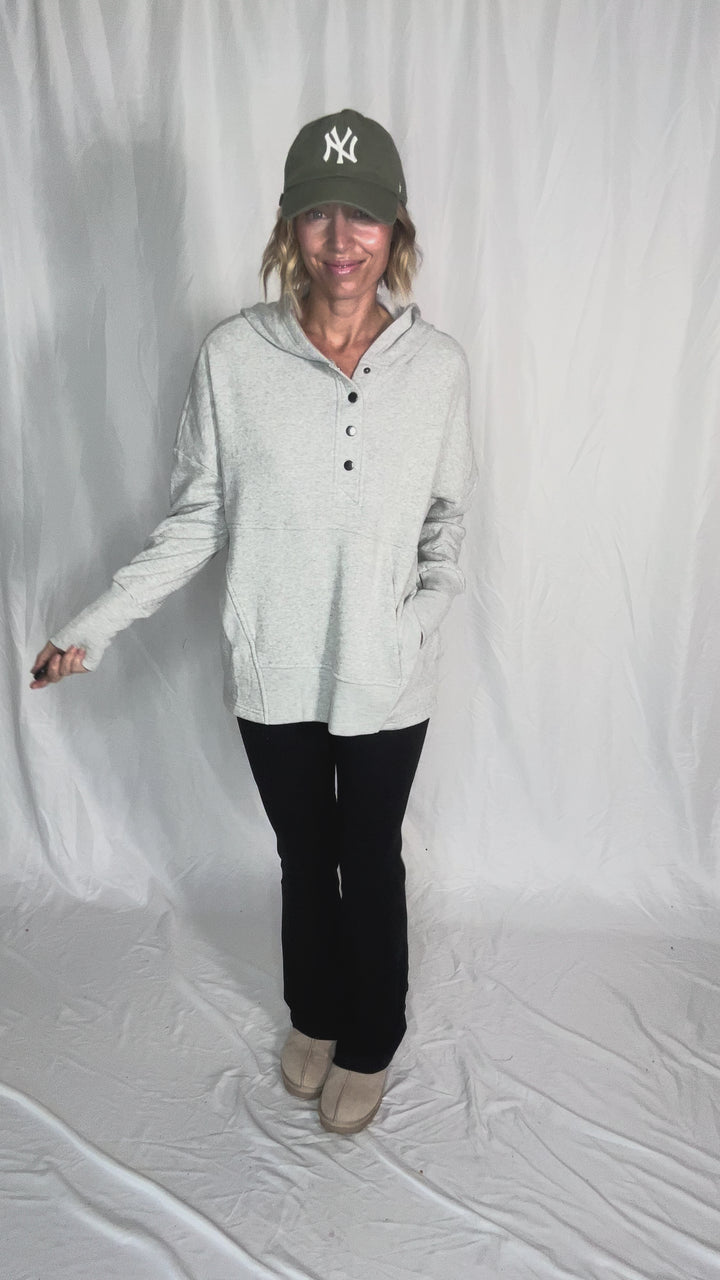 Farrah Fleece Half Button Hooded Sweatshirt- HEATHER GREY-FINAL SALE