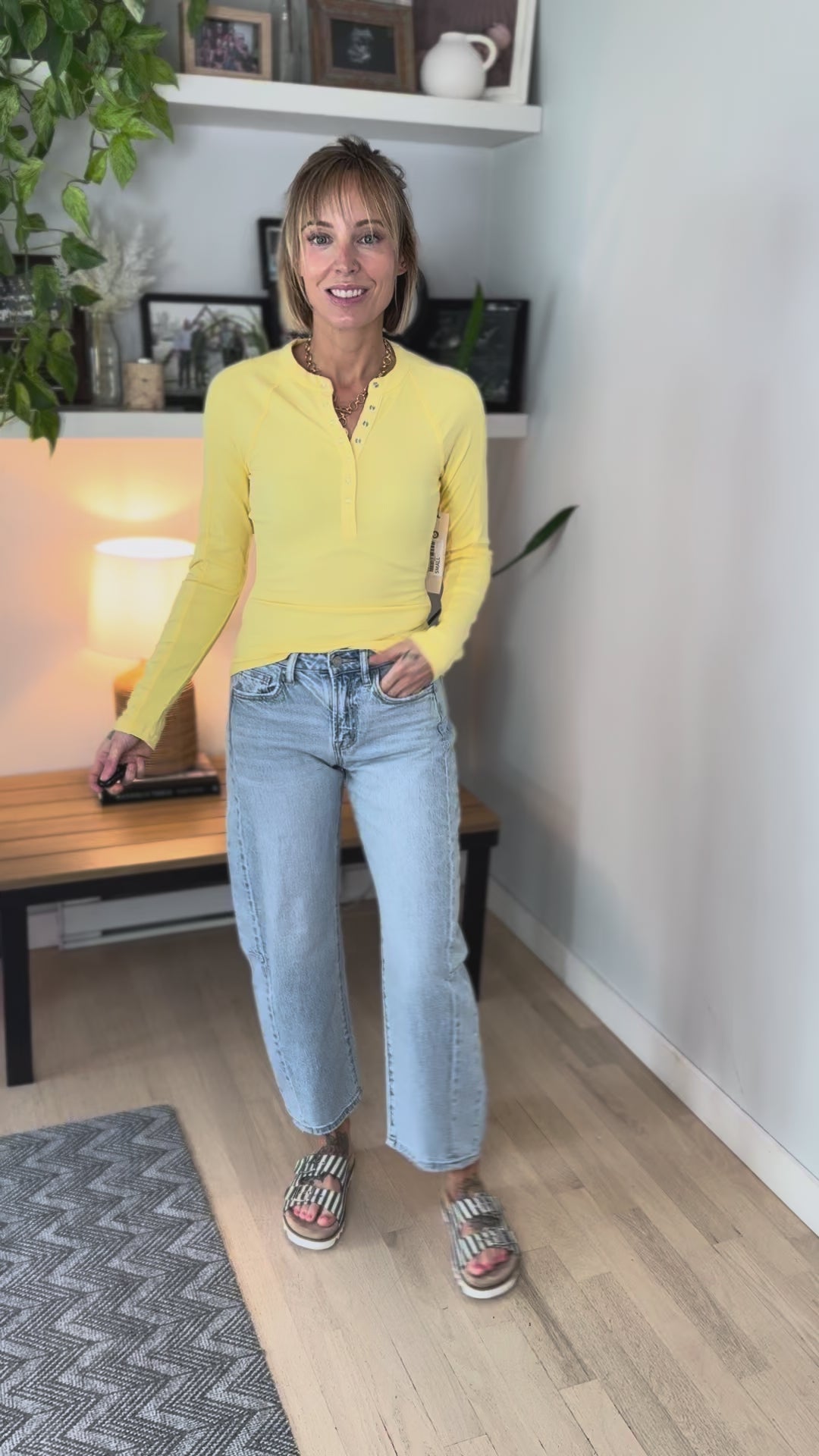Mono B Breeze Micro Ribbed Henley Top- YELLOW GLOW-FINAL SALE