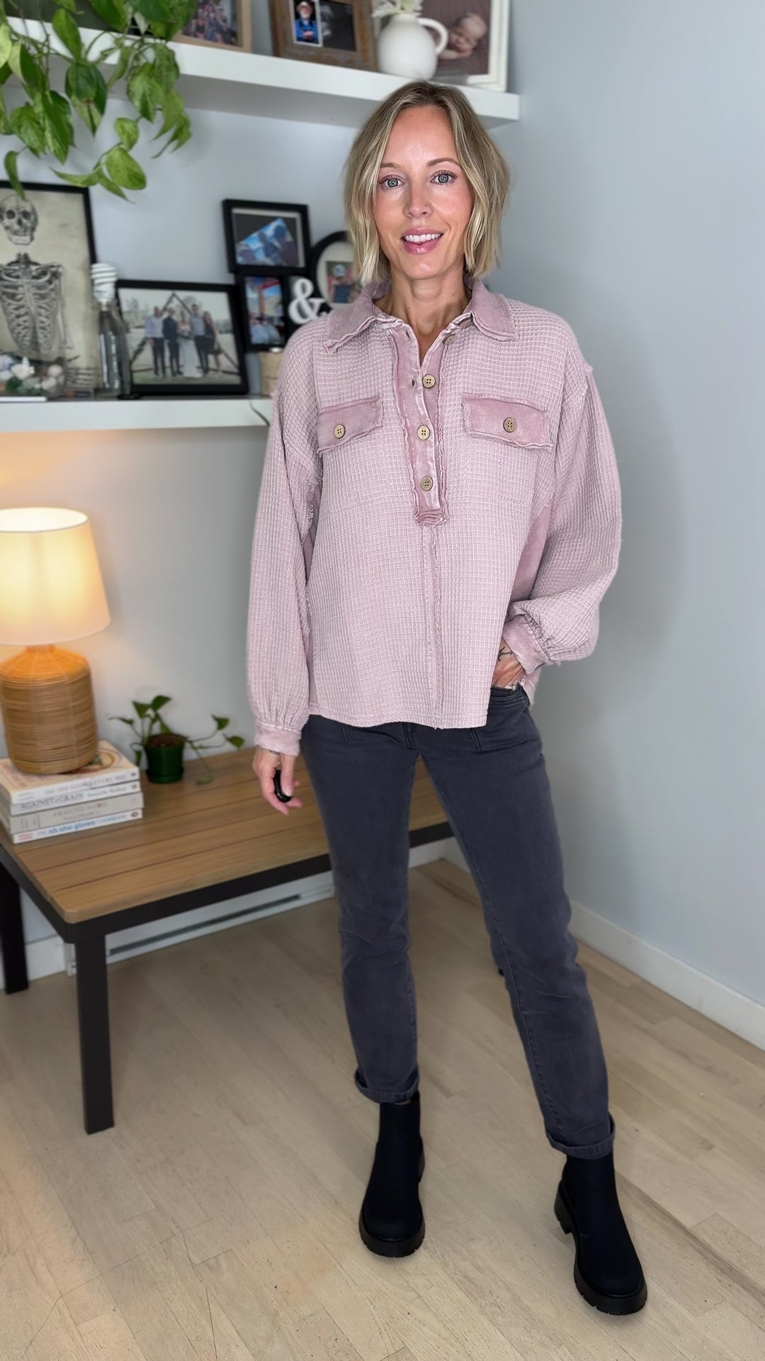 Layla Waffle knit pullover- MAUVE