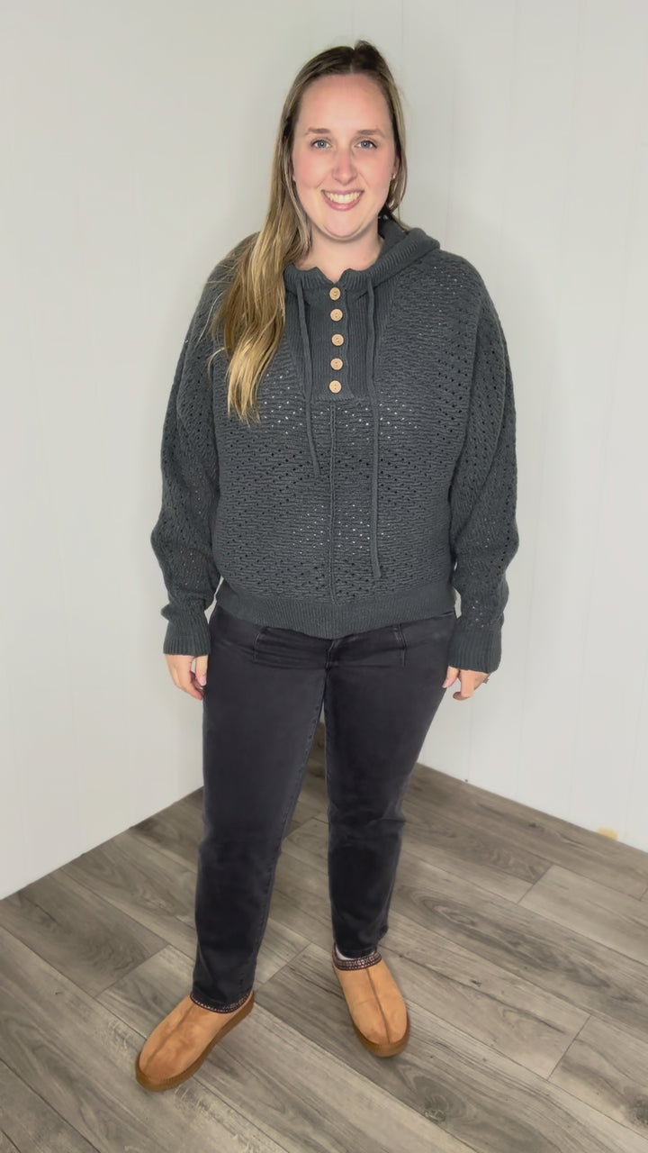 Elenara Half Button Down Hoodie Sweater- CHARCOAL