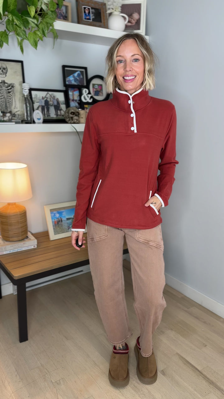 Garnet Funnel Neck Polar Fleece Pullover- RUST