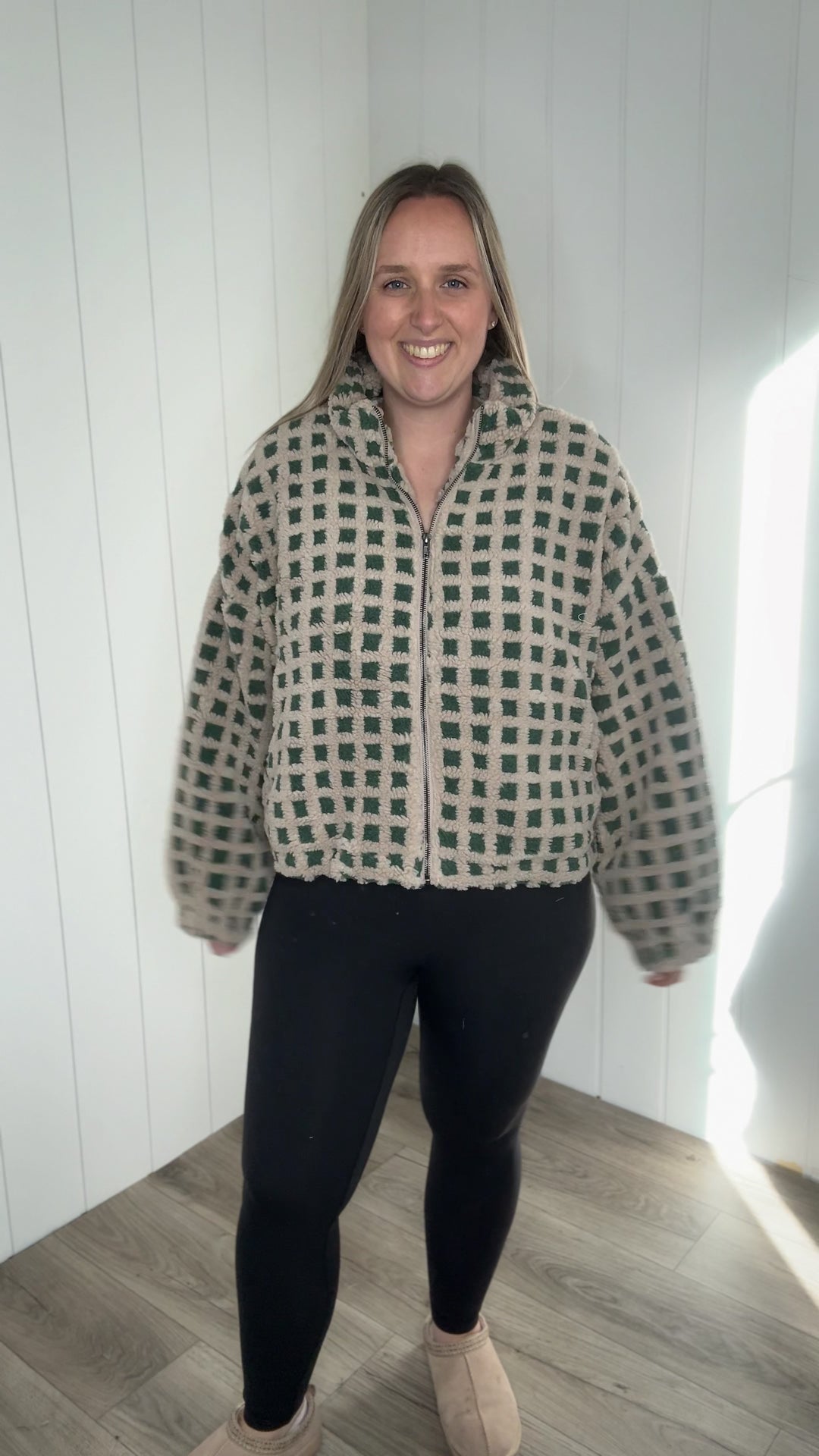 Hannah Checkered Fleece Jacket- TAUPE/GREEN
