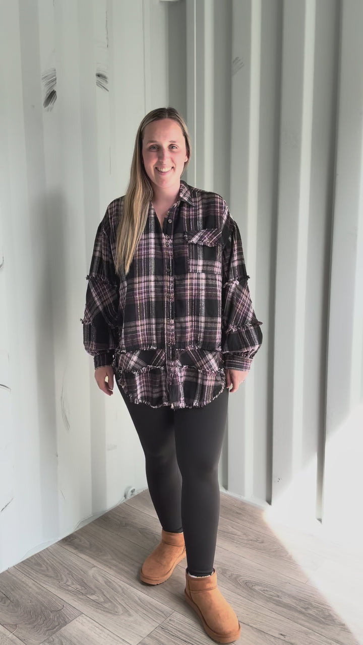 Wildwood Raw Edge Oversized Plaid Shacket- PURPLE