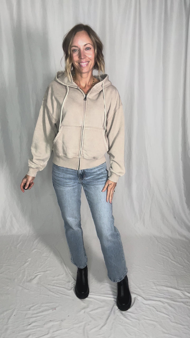 Muse Acid Wash Fleece Zip Up Hoodie- ASH MOCHA