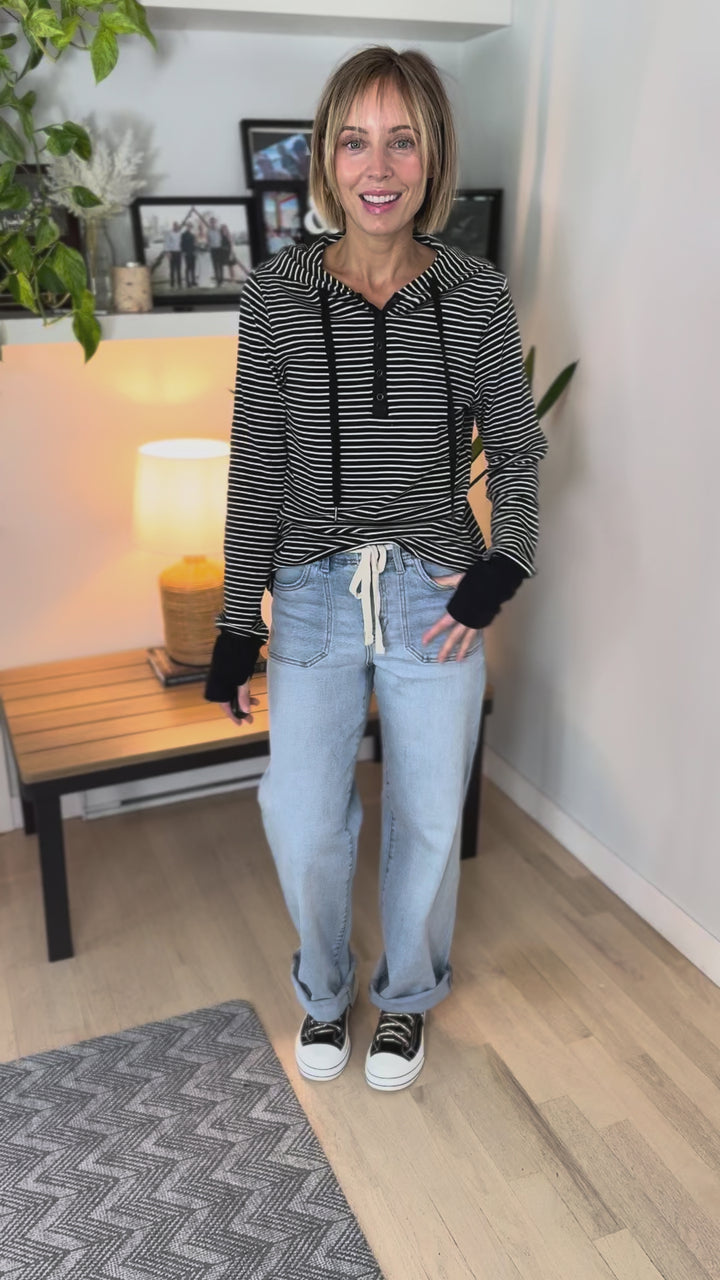 Juniper Henley Ribbed Hooded Top- BLACK