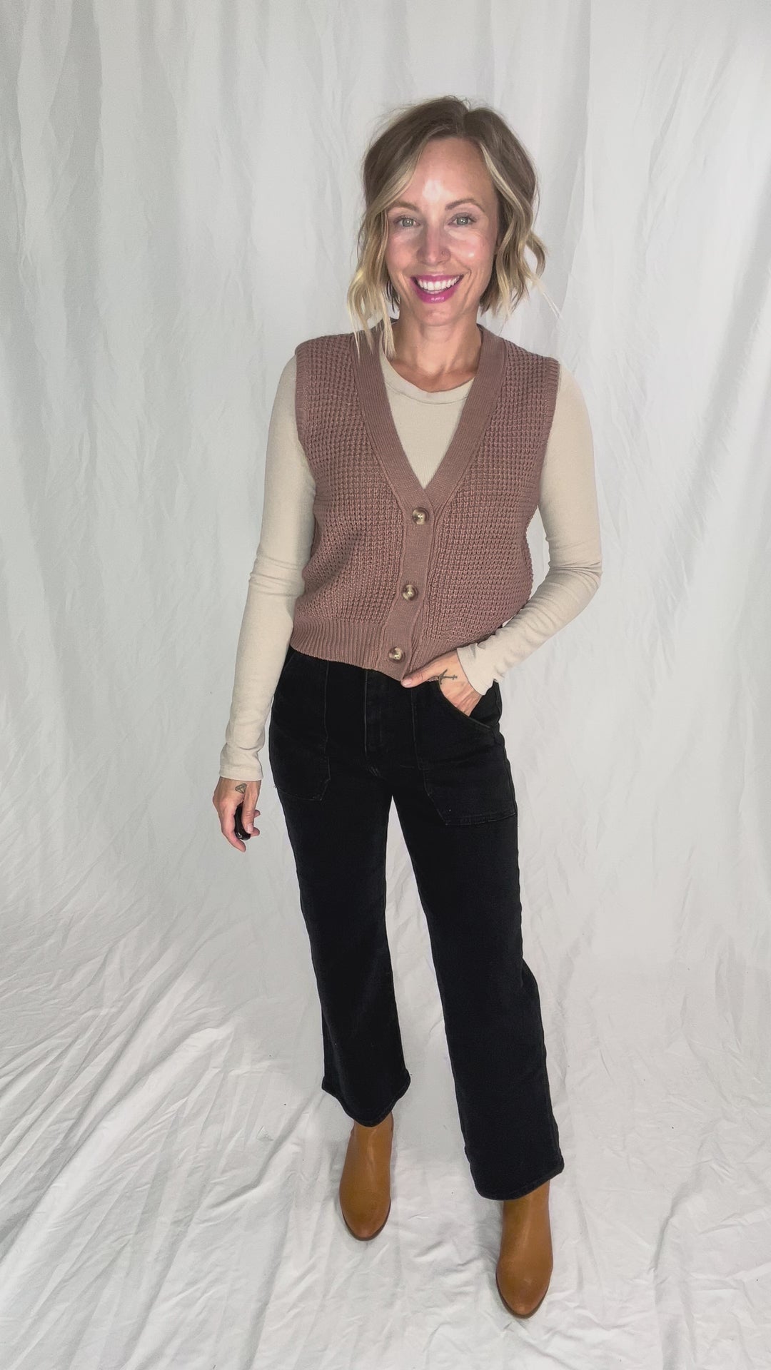 Suzy Chunky Waffle Knit Sweater Vest With Buttons- NUTELLA