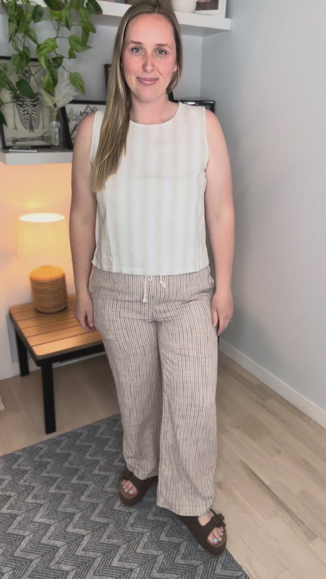 Yuna Wide Leg Linen Striped Pants- BROWN