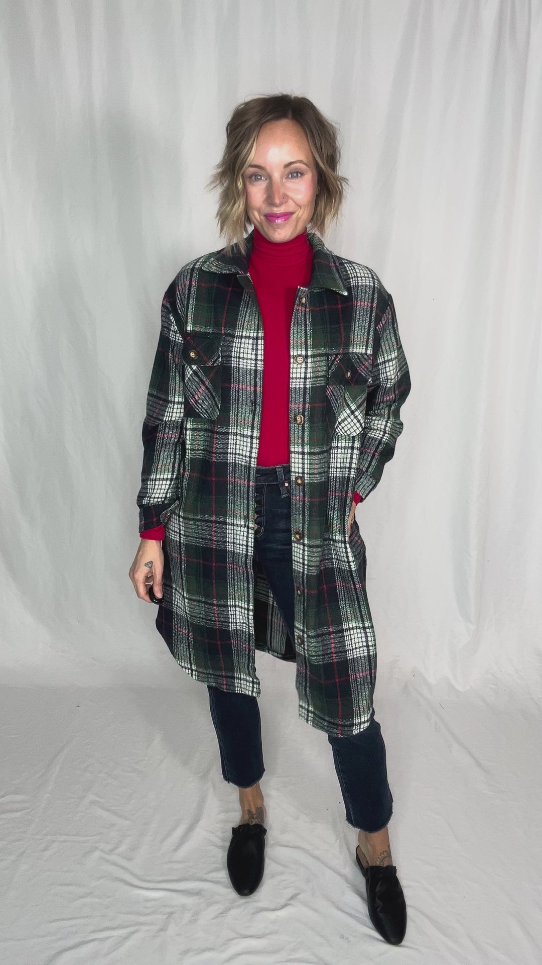 Mrs. Claus Plaid Shacket- GREEN MULTI