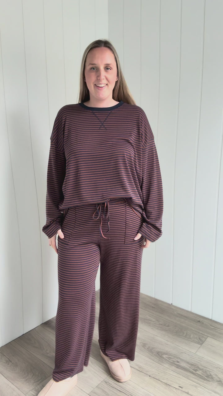 Halston Stretch Cotton Striped Set- BROWN/NAVY