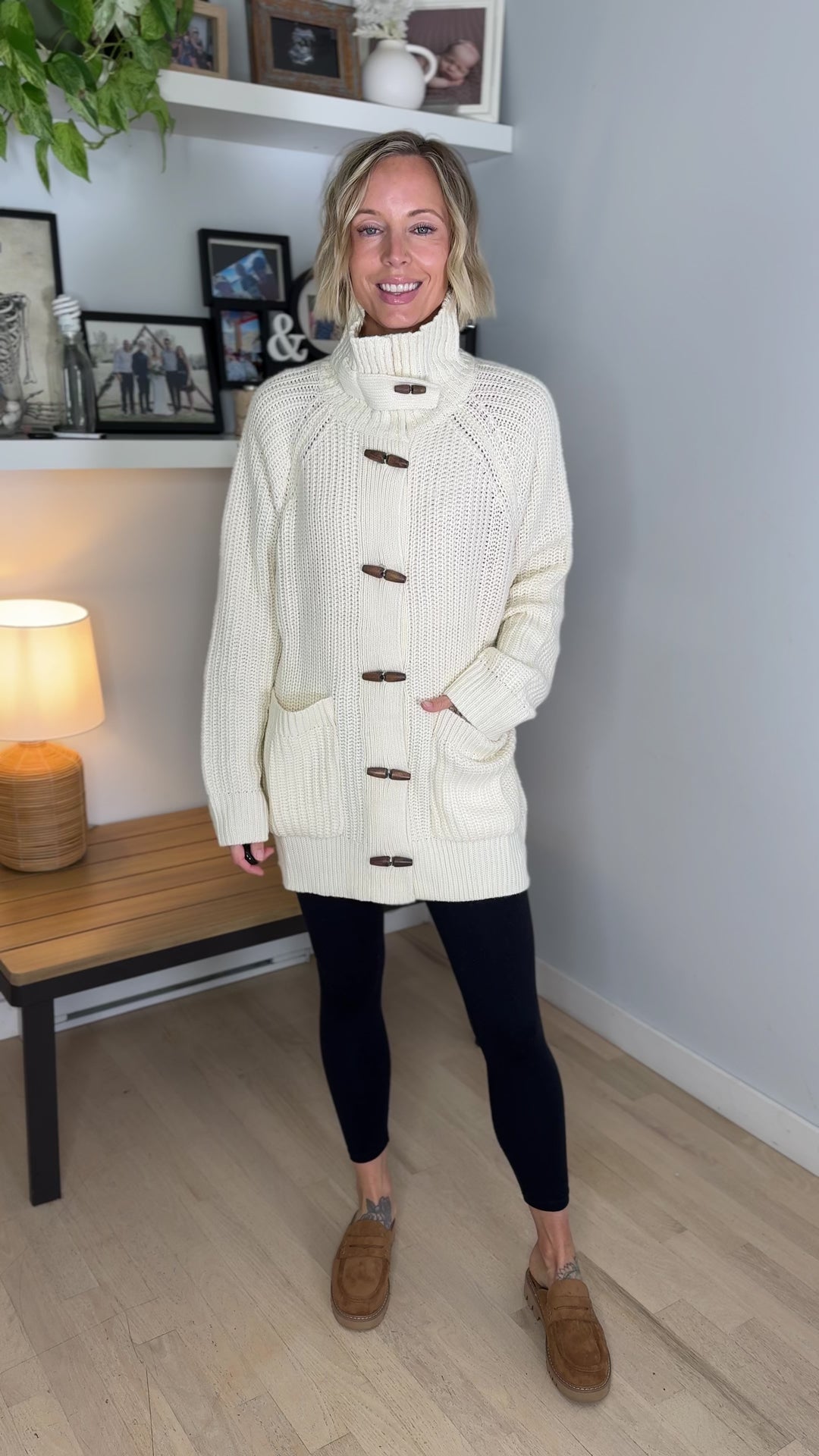 Palms Toggle Chunky Knit  Long Line Coatigan- IVORY