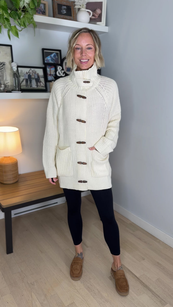 Palms Toggle Chunky Knit  Long Line Coatigan- IVORY