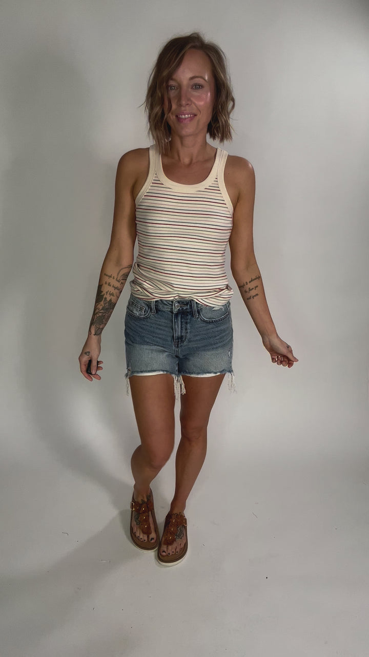 Sandra Ribbed Multi Striped Tank- RETRO  RED MULTI-FINAL SALE