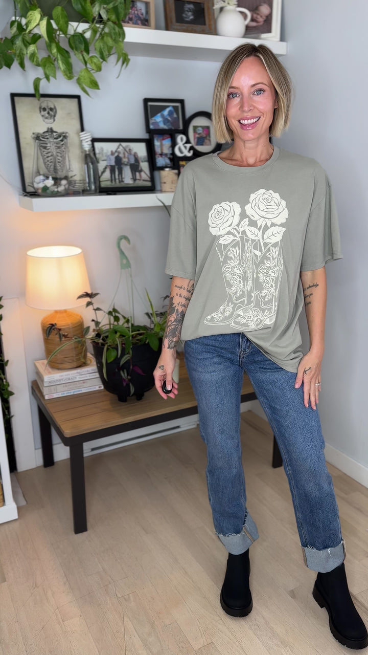 Darlina Rose And Cowboy Graphic Top- SAGE