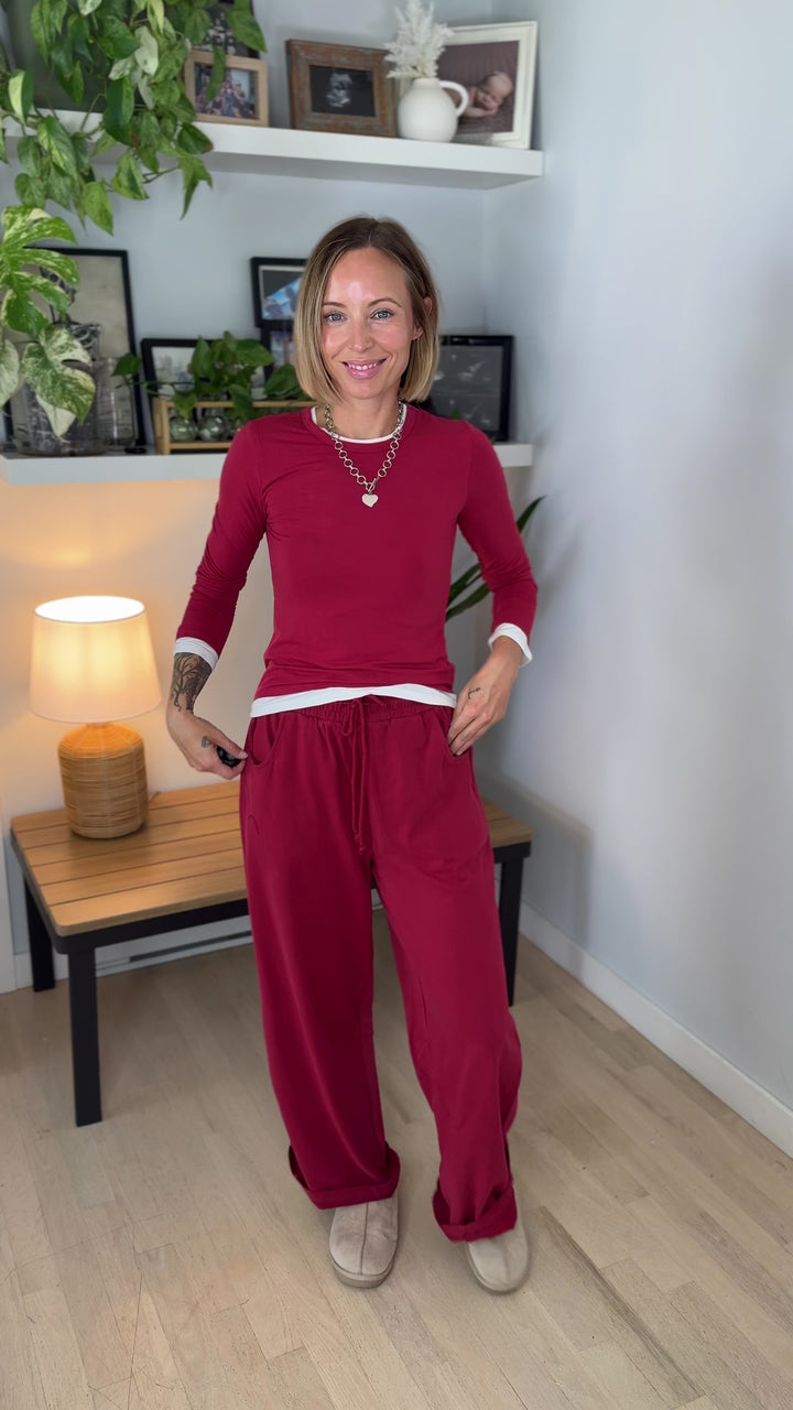 Foster Washed Barrel Pant Set- DARK RED