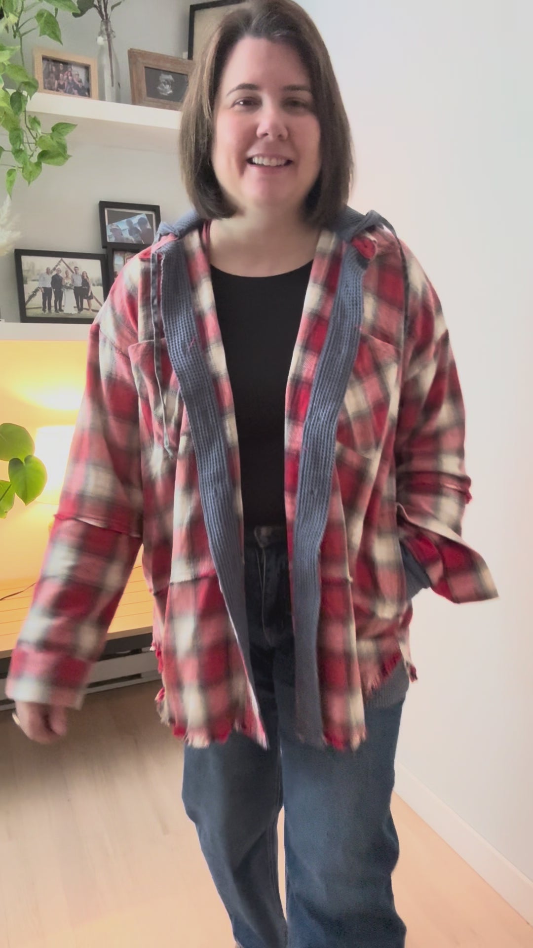 Erin Hooded Plaid Button Down Jacket- NAVY RED