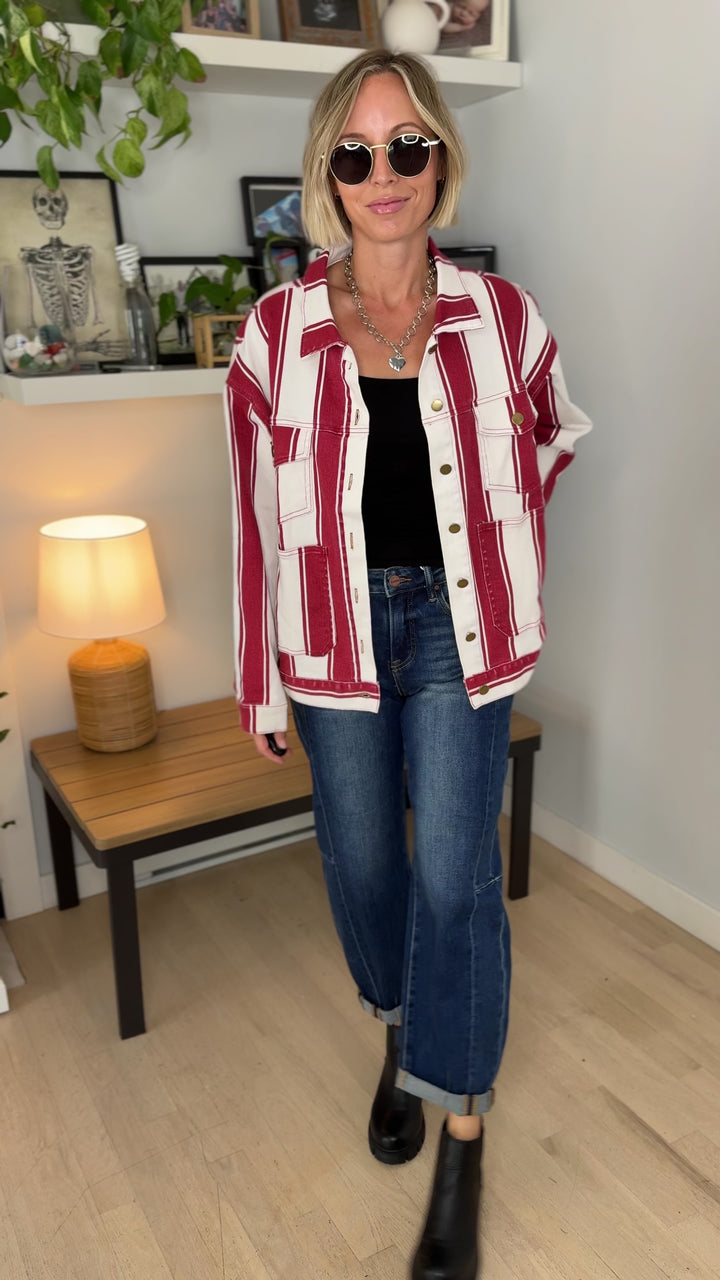 Jessie Vintage Striped Denim Jacket- RED