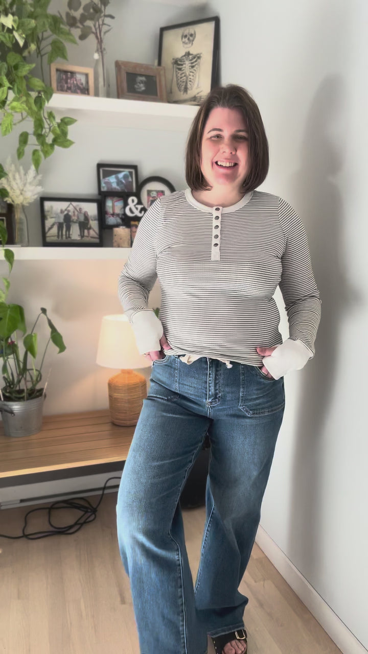 Drea Ribbed Snap Button Henley- OFF WHITE