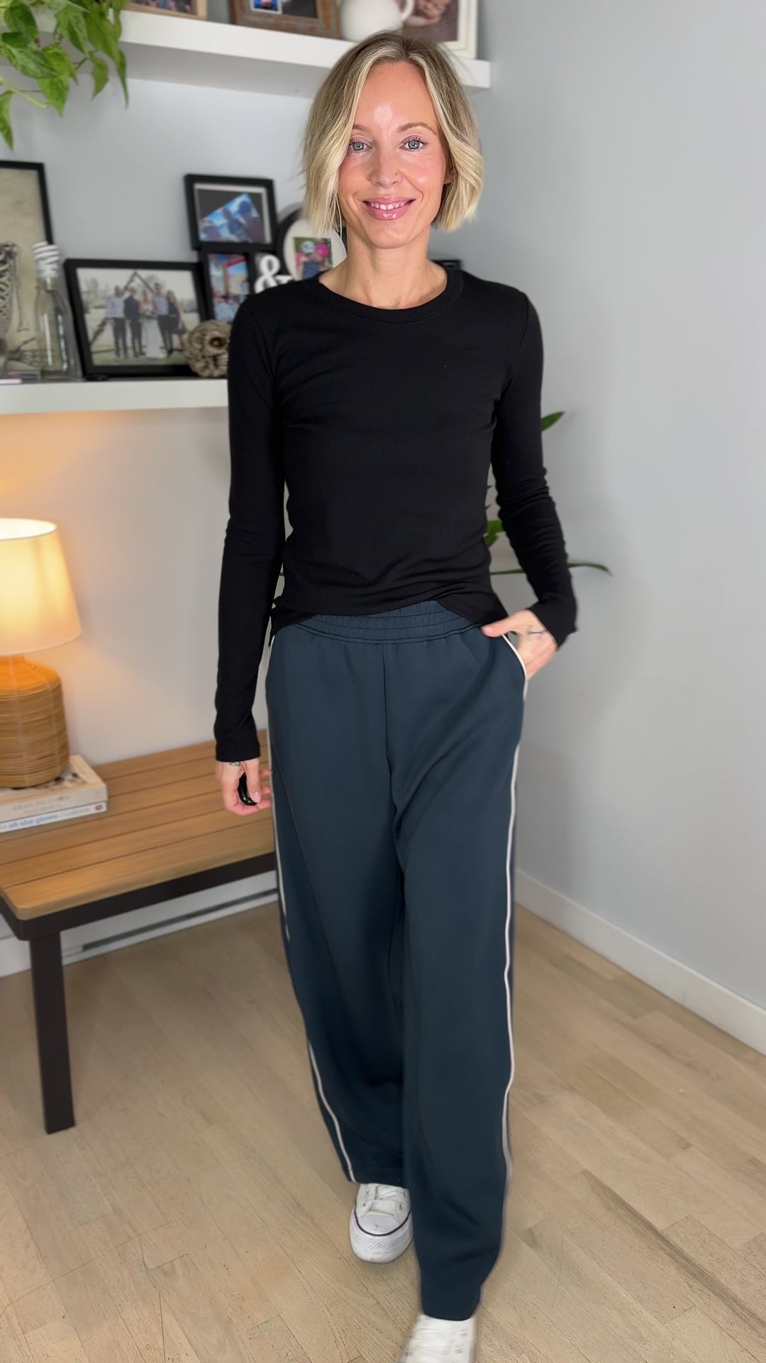 Miranda Modal Piping Straight Leg Pant- TEAL NAVY/MOCHA CREAM