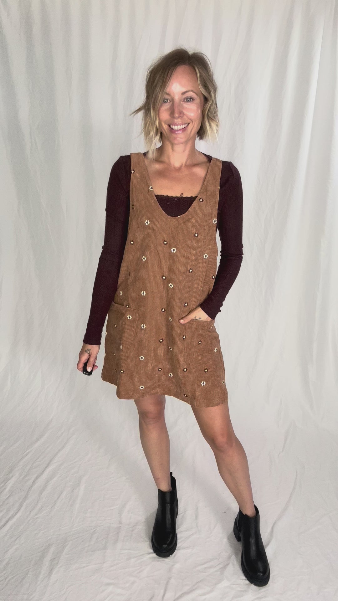 Posies Floral Embroidered Corduroy Jumper Dress- CARAMEL