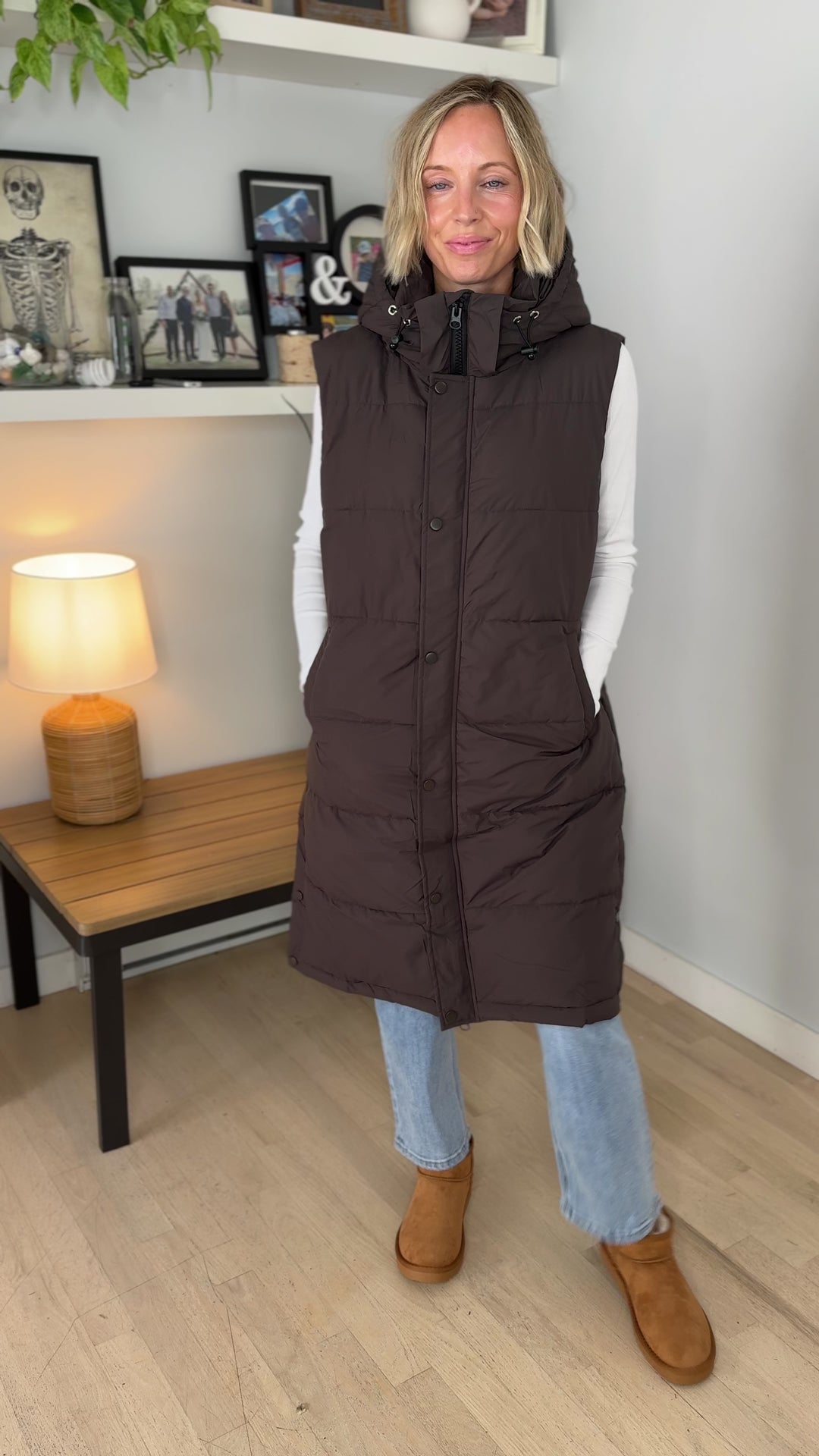Twilight Long Line Quilted Puffer Vest- ASH BROWN