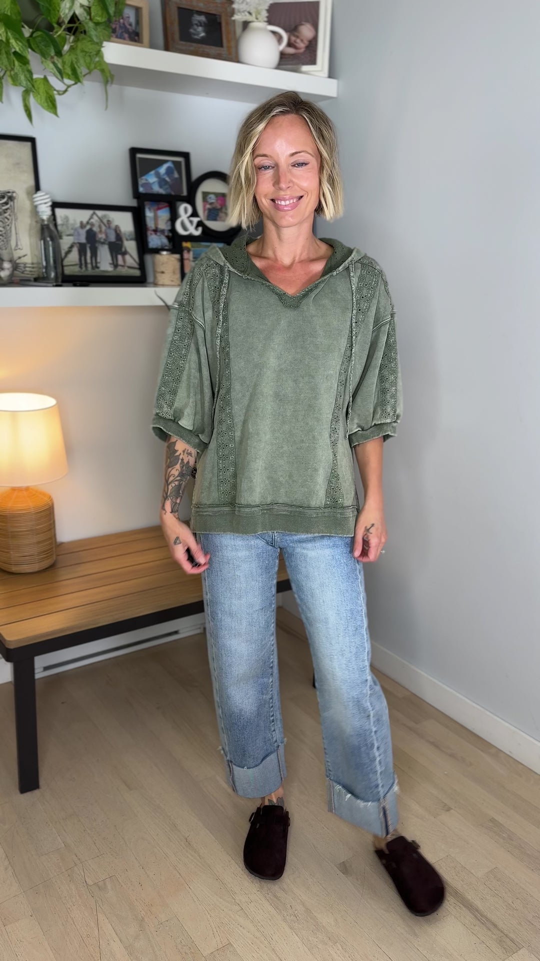 Mapleton Lace Eyelet 1/2 Sleeve Pullover- OLIVE