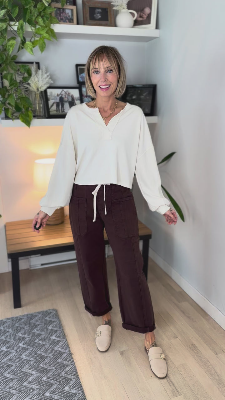 Daphne Split Neck Long Sleeve Cropped Knit Top- OATMEAL