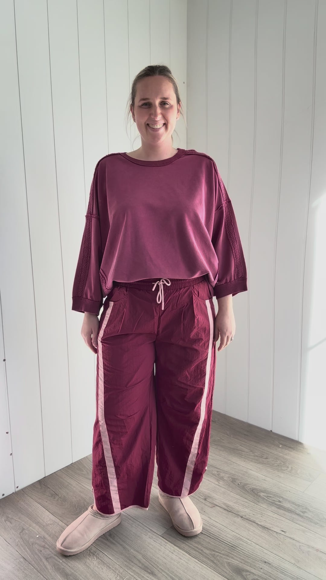 Presscott Lace Trim Washed Cotton 3/4 Sleeve Pullover- CHERRY