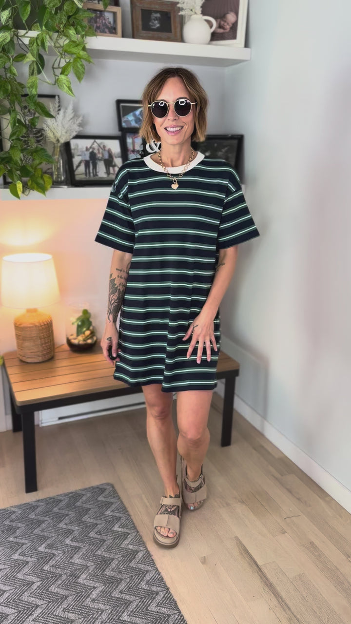 Drift Stripe Short Sleeve T-Shirt Dress- NAVY MULTI