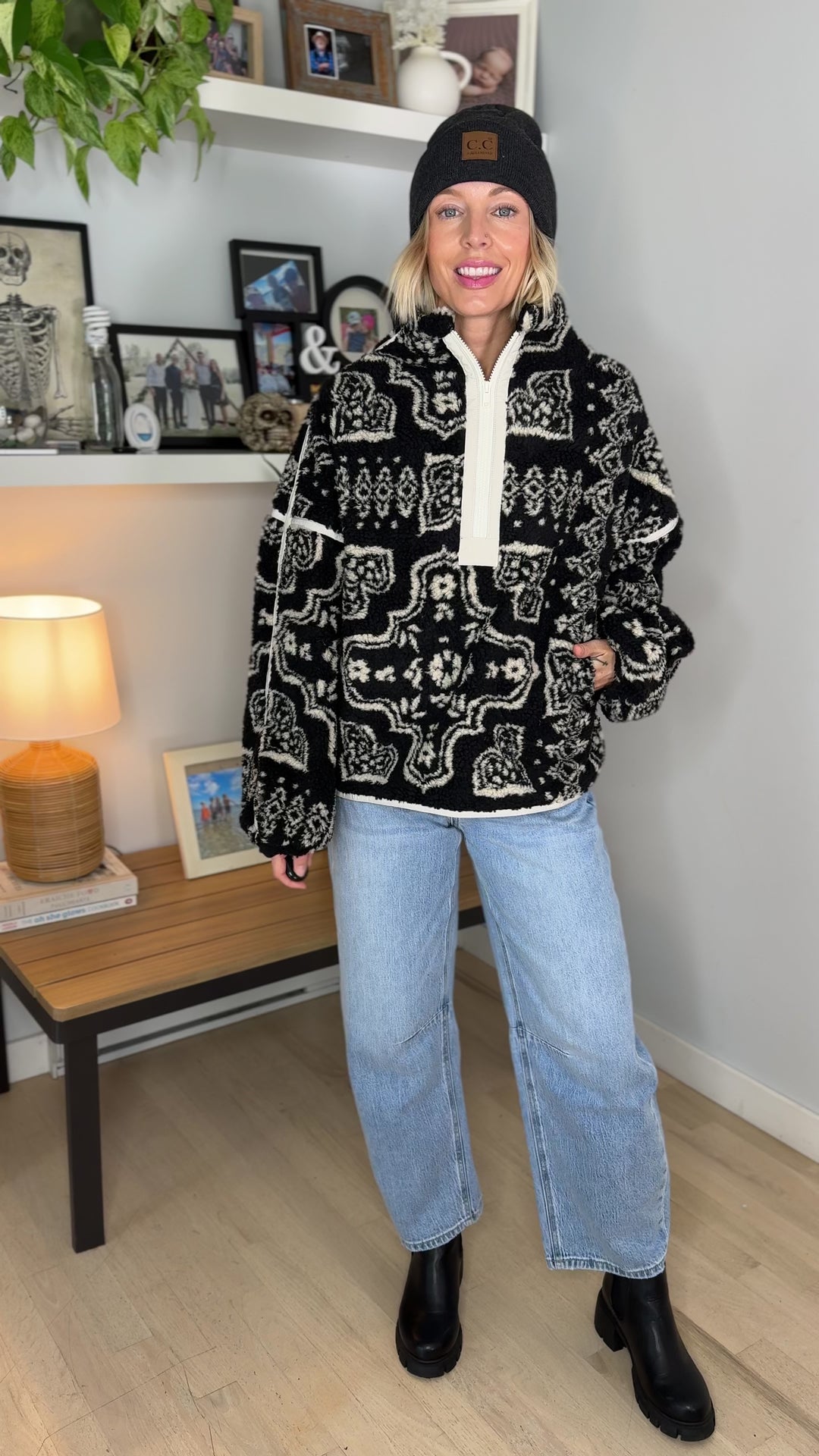 Koda Patterned Fleece 1/4 Zip Jacket- BLACK