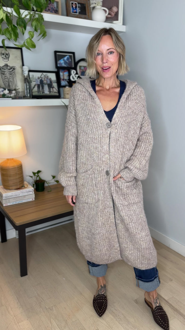 Cabin Cozy Hooded Cardigan- KHAKI