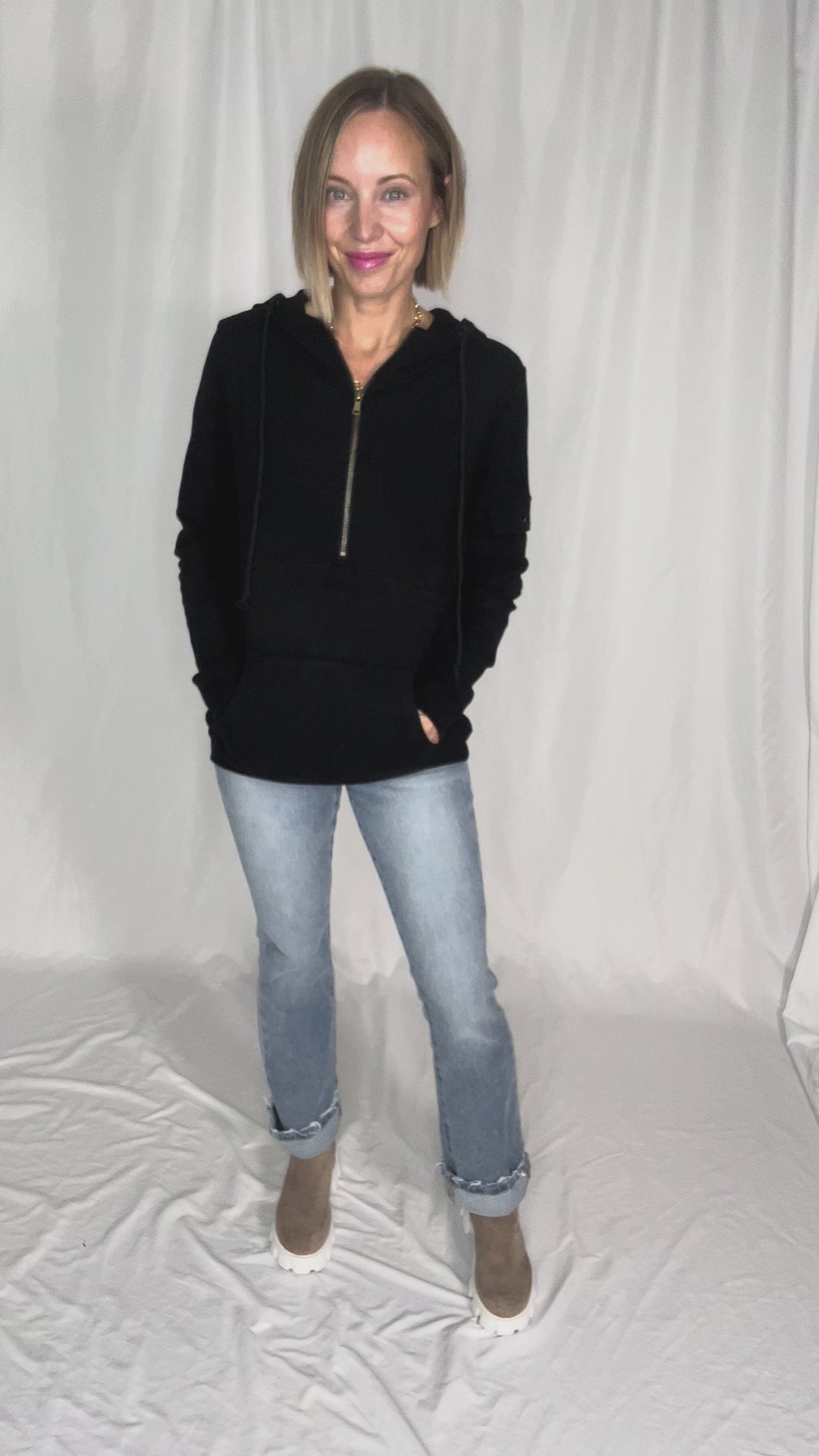 MICHELLE MAE Pixie 1/2 Zip Hoodie- BLACK