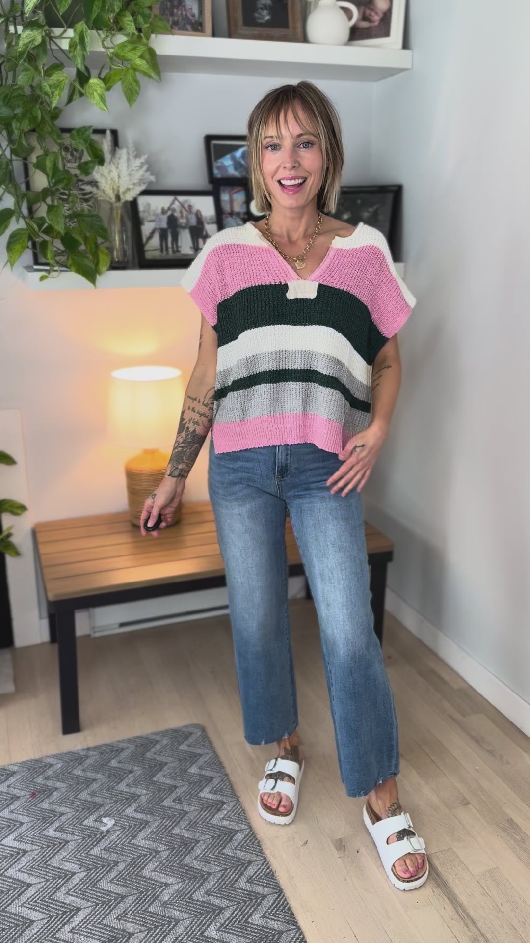 Maja Notch V Stripe Sweater- FOREST BLOOM