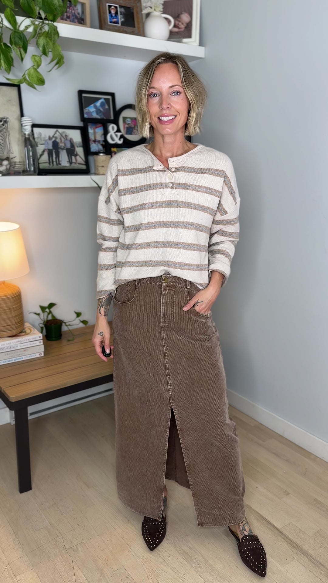 Finley Stripe Henley Sweater- OATMEAL