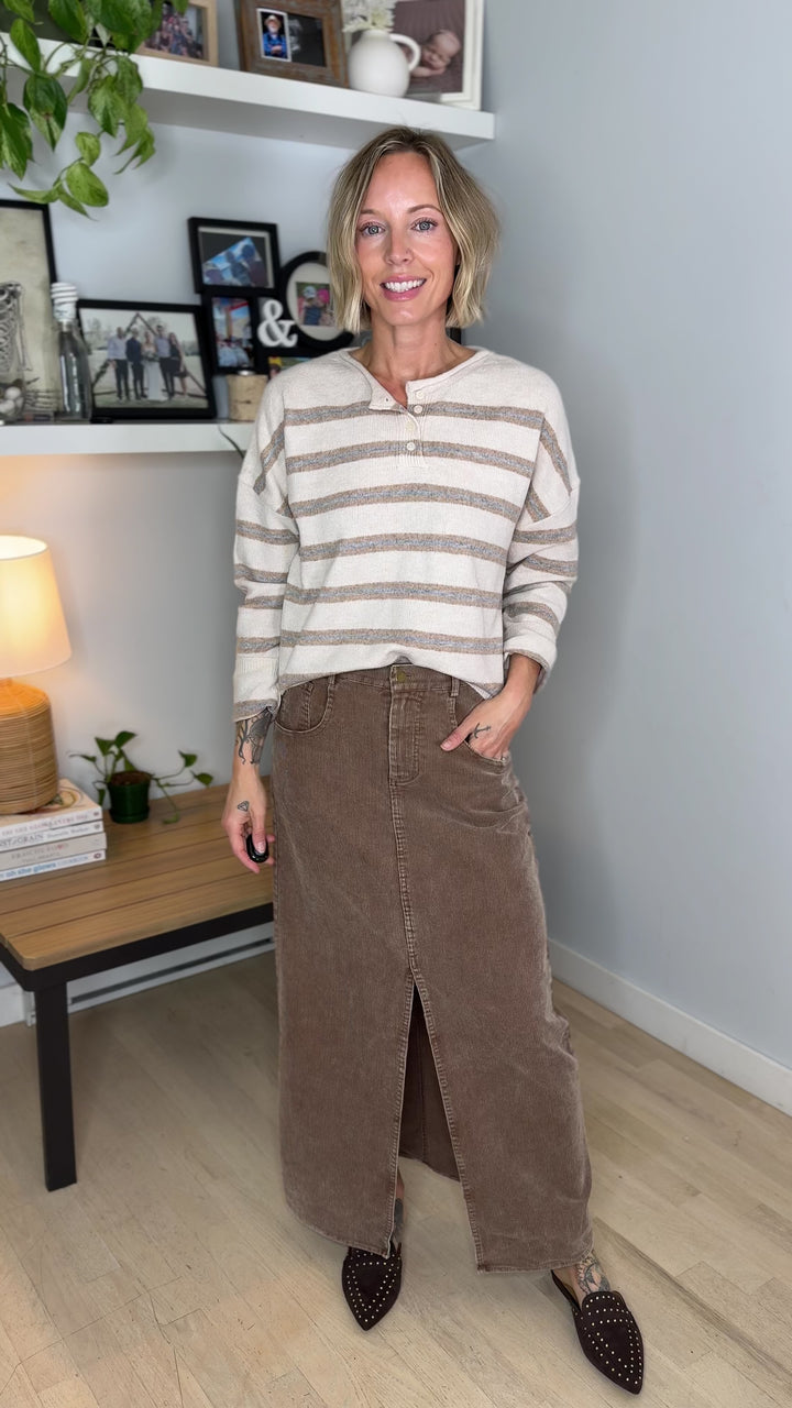 Finley Stripe Henley Sweater- OATMEAL