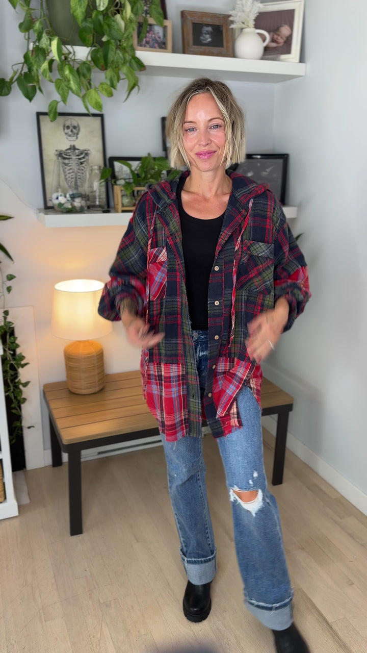 Frances Long Sleeve Plaid Mineral Wash Jacket- RED/NAVY