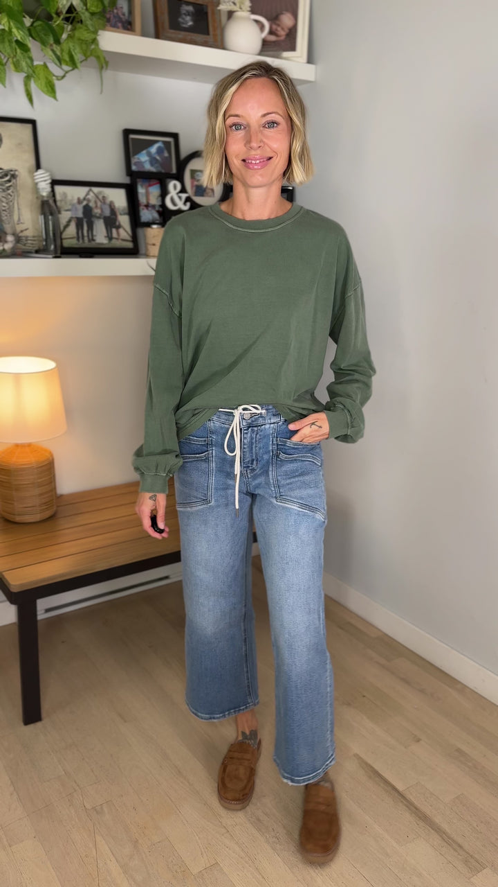 Landyn Washed Cotton Crewneck Long Sleeve- DUSTY GREEN