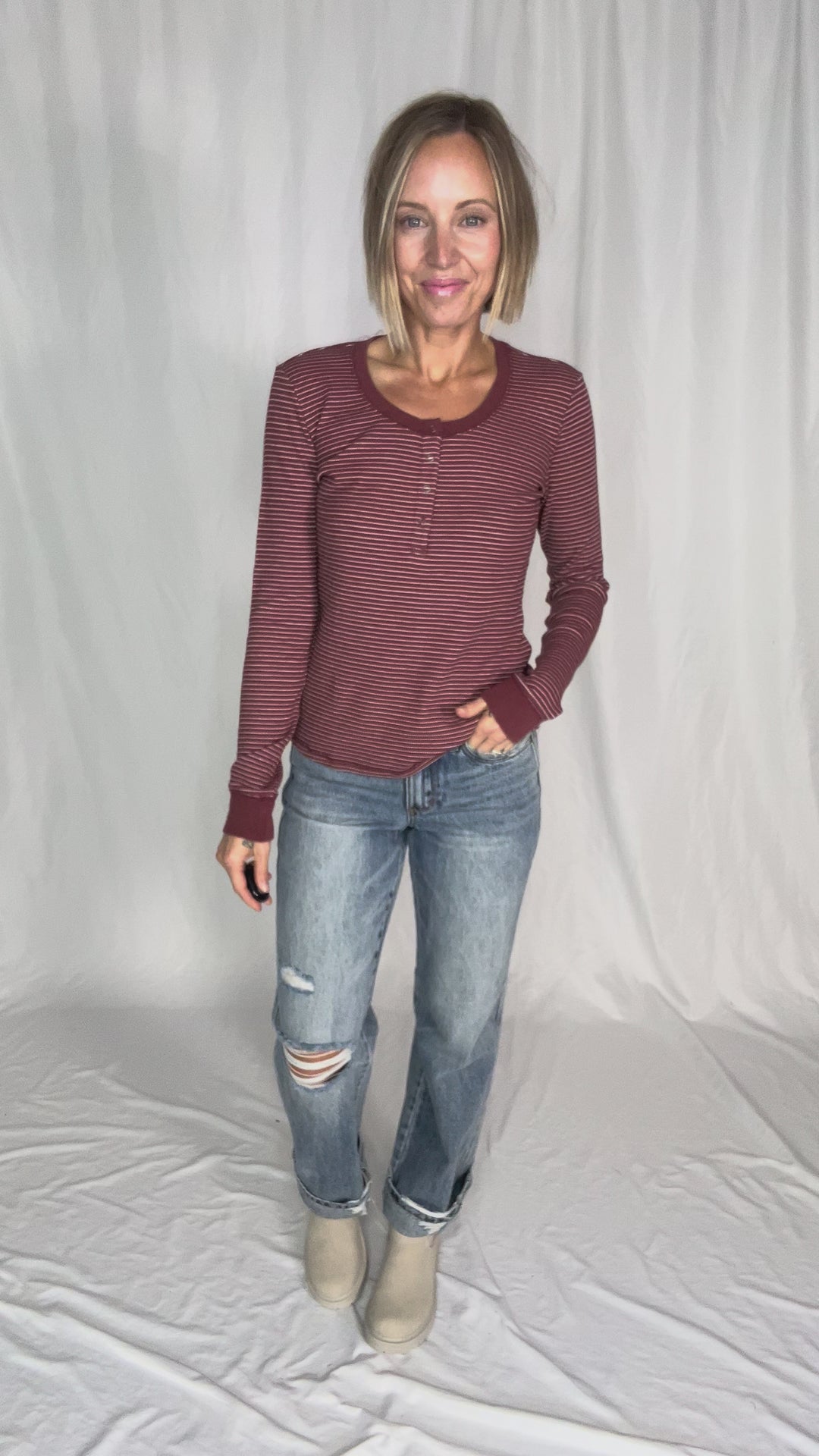 Maya Thermal Henley Top- BURGUNDY