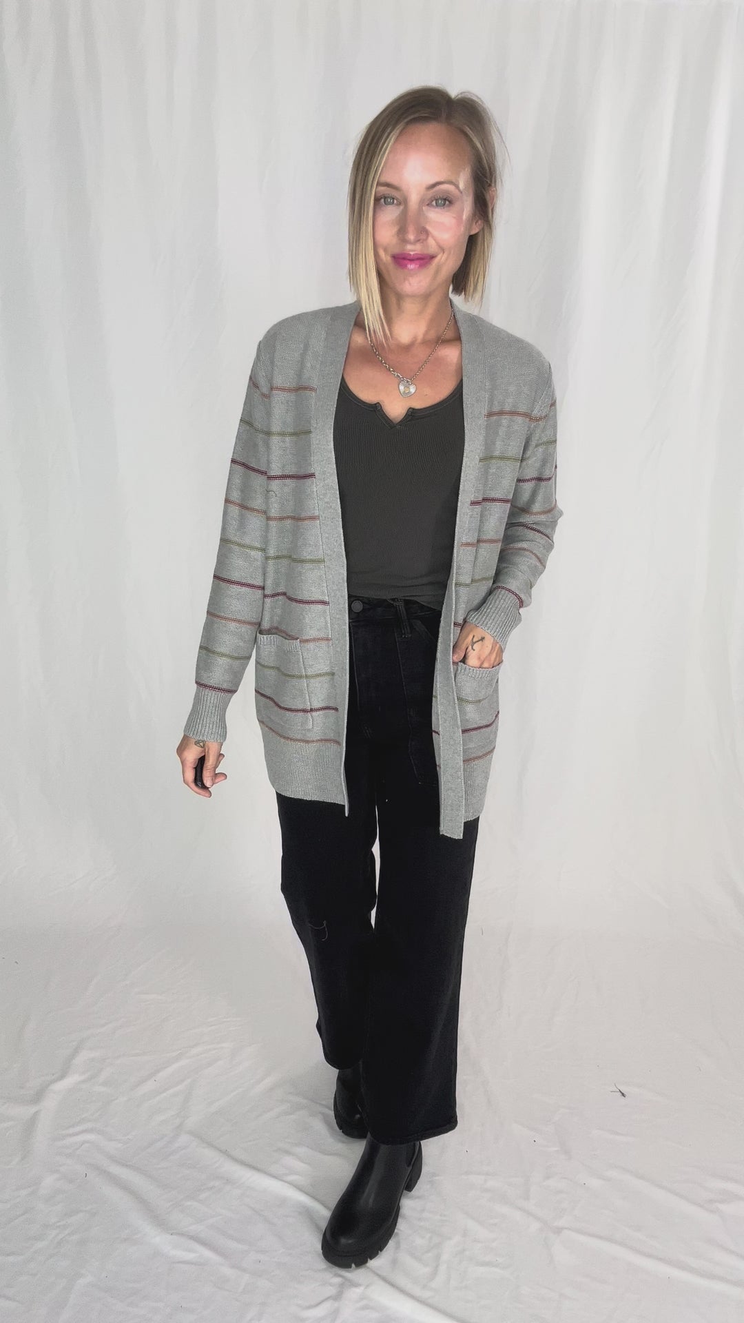 Oakes Stripe Cardigan- HTHR GREY
